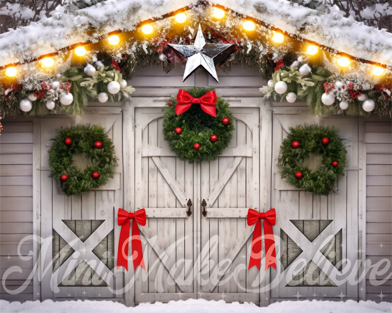 Kate White Barn Wreaths and Bows Backdrop Designed by Mini MakeBelieve - Kate Backdrop AU