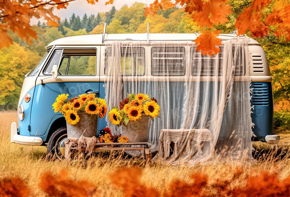 Kate Autumn Outing Bus Backdrop Sunflower for Photography - Kate Backdrop AU