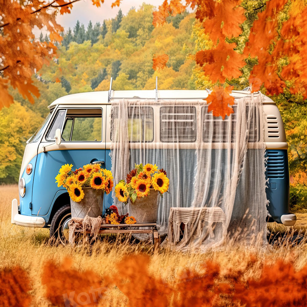 Kate Autumn Outing Bus Backdrop Sunflower for Photography - Kate Backdrop AU