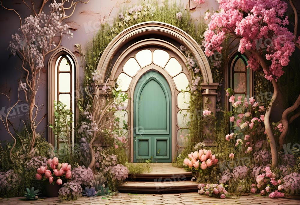 Kate Summer Pink Flower Tree House Green Door Backdrop Designed by Emetselch - Kate Backdrop AU
