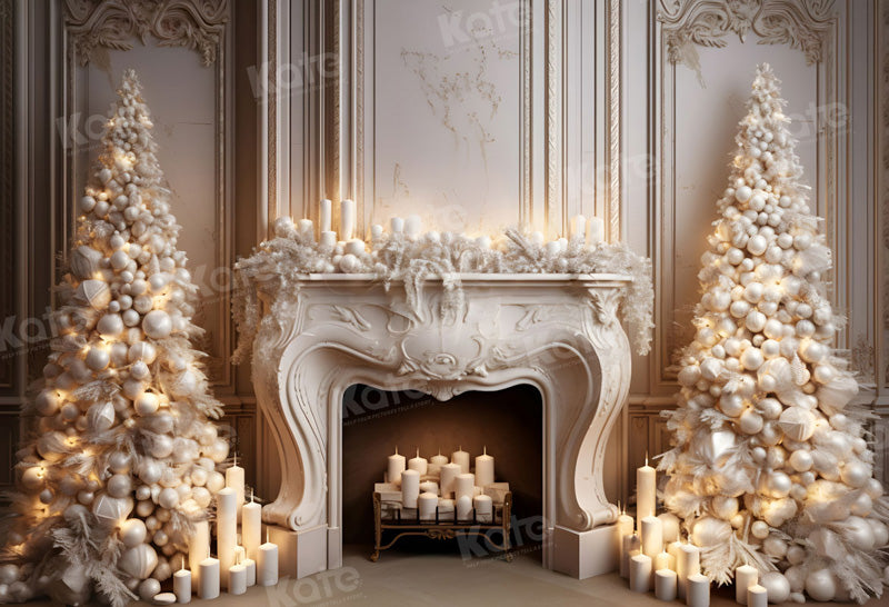 Kate Christmas Communion Candle Backdrop White Fireplace Tree for Photography - Kate Backdrop AU