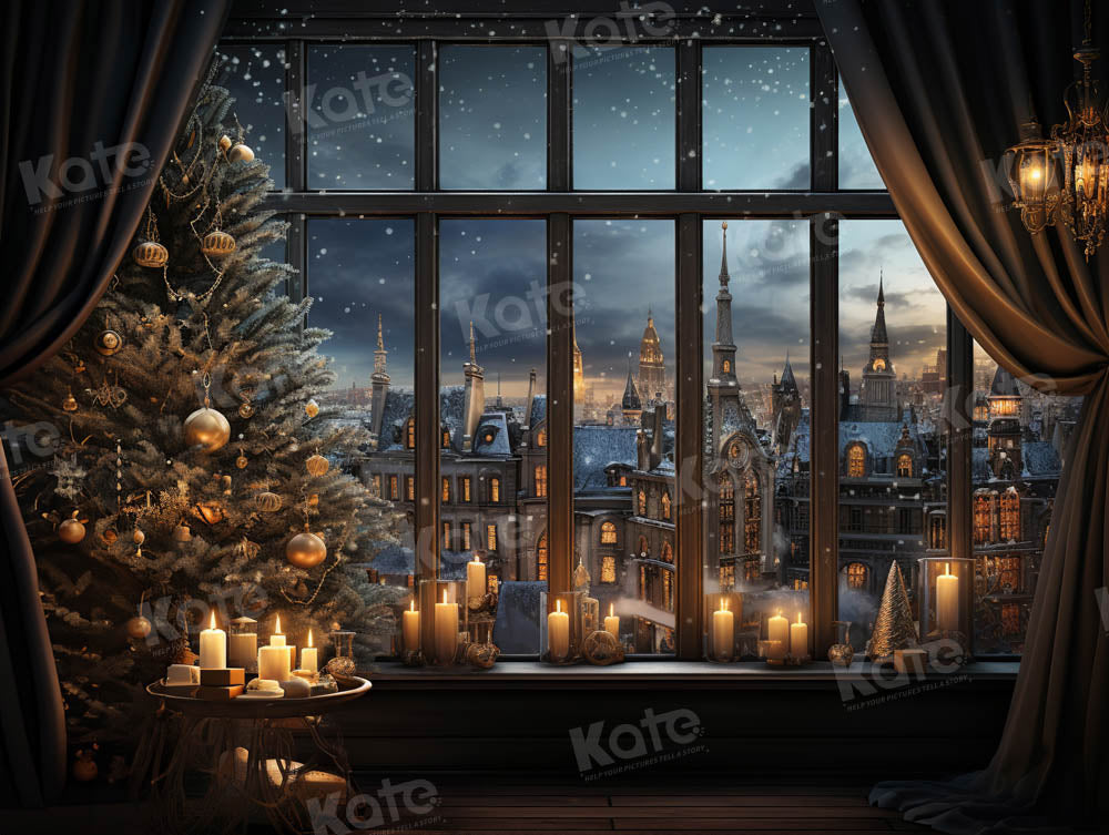 Kate Winter Snow Night Candlelight Window Backdrop Dsigned by Emetselch