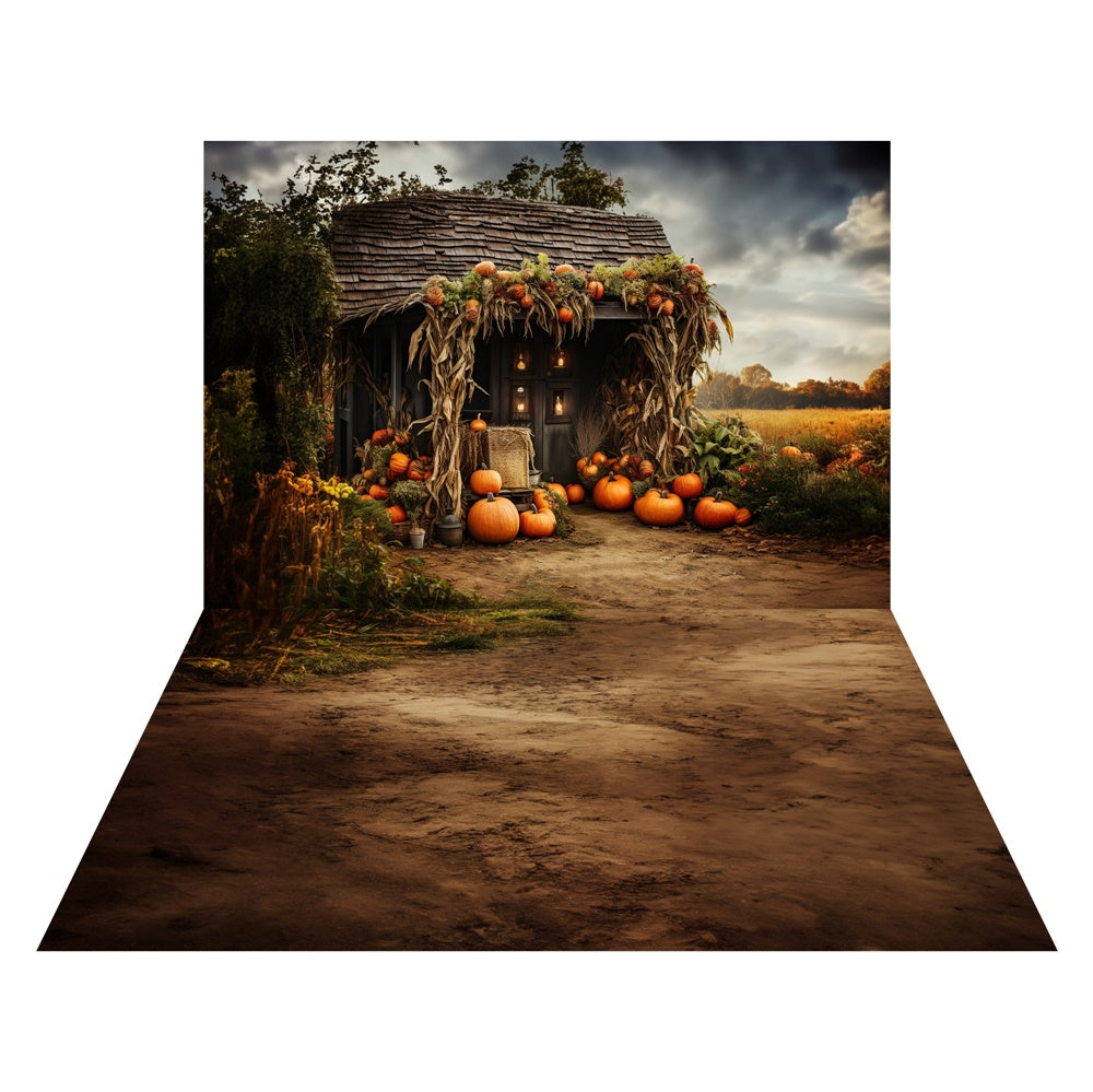 Kate Autumn Field Pumpkin Old House Backdrop+Soil Floor Backdrop for Photography