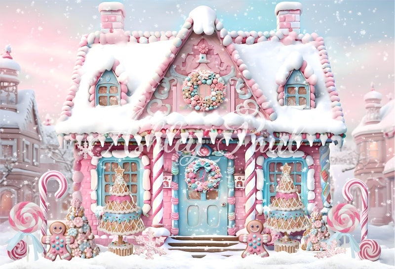 Kate Pink Christmas Gingerbread Man House Backdrop Designed by Ashley Paul