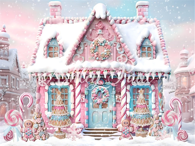 Kate Pink Christmas Gingerbread Man House Backdrop Designed by Ashley Paul