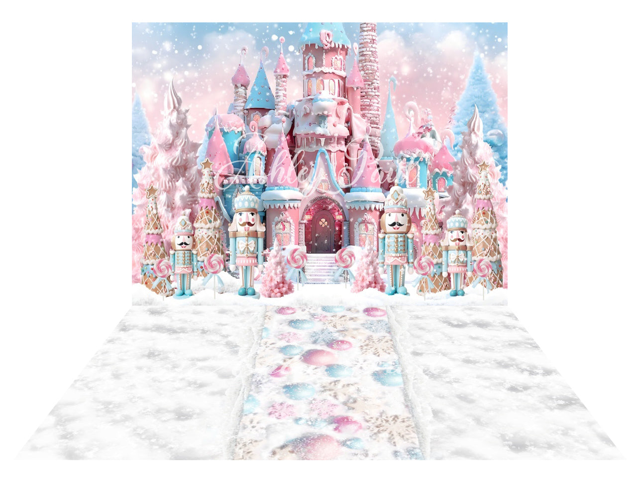 Kate Winter Christmas Pink Nutcracker Castle+Snow Fantasy Floor Backdrop for Photography