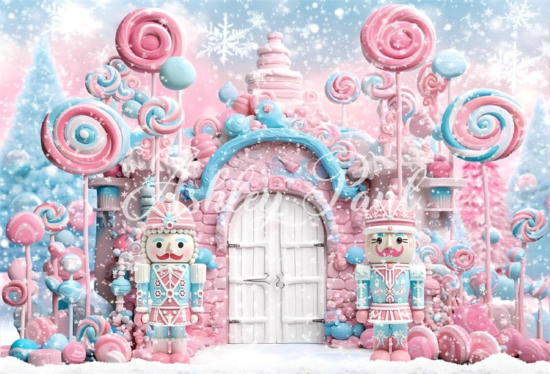 Kate Winter Christmas Pink Candy White Door Nutcracker Backdrop Designed by Ashley Paul - Kate Backdrop AU