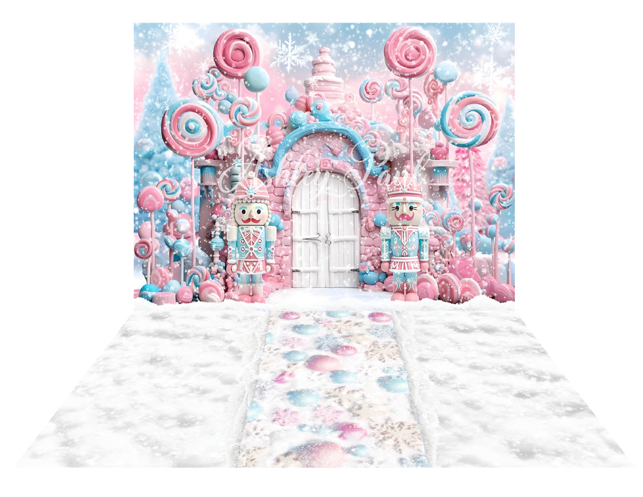 Kate Winter Christmas Pink Candy White Door Nutcracker+Snow Fantasy Floor Backdrop for Photography - Kate Backdrop AU