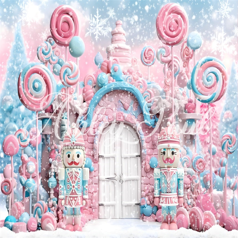 Kate Winter Christmas Pink Candy White Door Nutcracker Backdrop Designed by Ashley Paul - Kate Backdrop AU