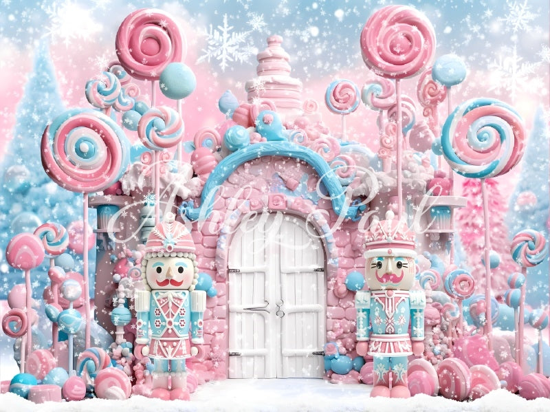 Kate Winter Christmas Pink Candy White Door Nutcracker Backdrop Designed by Ashley Paul - Kate Backdrop AU
