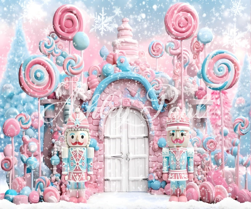Kate Winter Christmas Pink Candy White Door Nutcracker Backdrop Designed by Ashley Paul - Kate Backdrop AU
