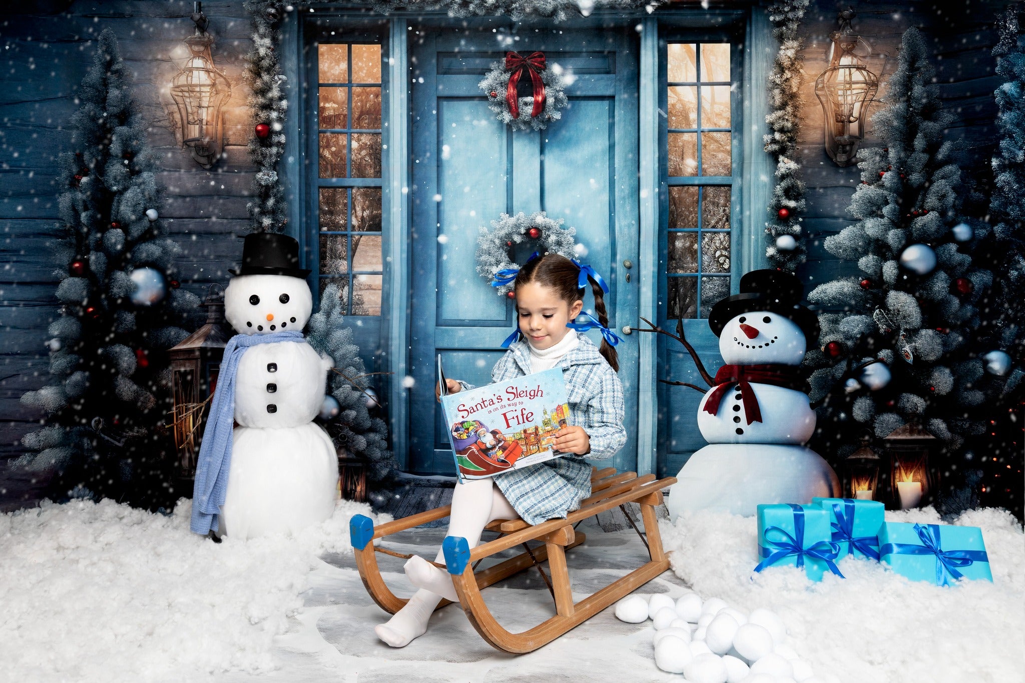 Kate Winter Snowy Blue Door Snowman Backdrop Designed by Chain Photography - Kate Backdrop AU