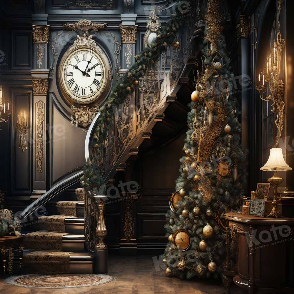 Kate Christmas Tree Staircase Clock Backdrop Designed by Emetselch - Kate Backdrop AU