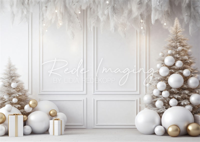 Kate Christmas White Wall Feathers & Gold Backdrop Designed by Lidia Redekopp