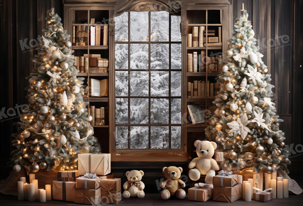 Kate Indoor Bookshelf Christmas Tree Backdrop Teddy Bear Designed by Emetselch