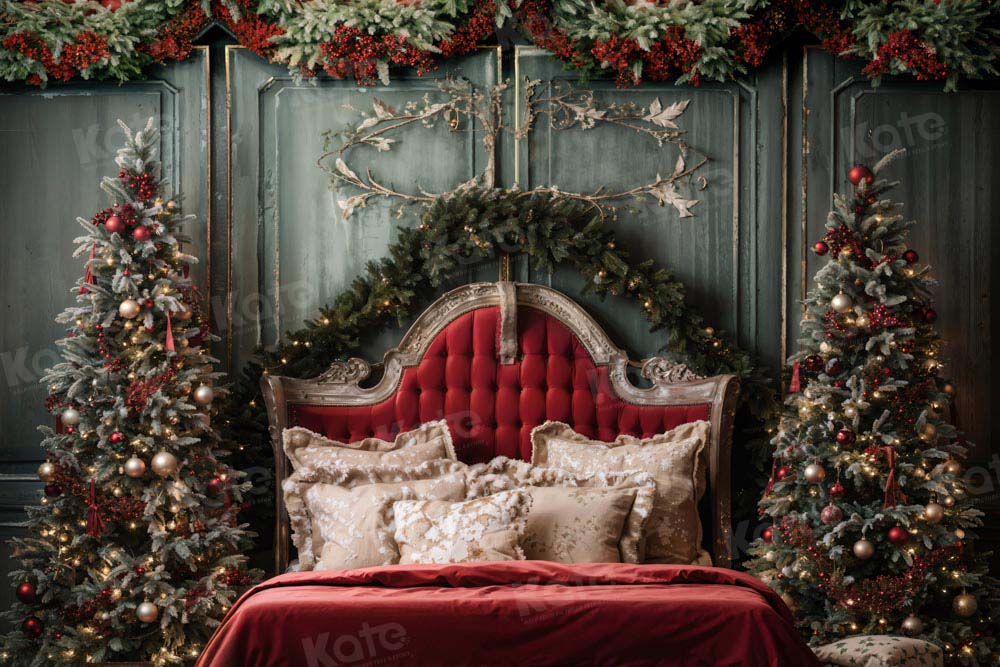 Kate Christmas Red Headboard Green Wall Tree Backdrop Designed by Emetselch - Kate Backdrop AU