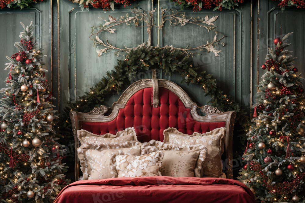 Kate Christmas Red Headboard Green Wall Tree Backdrop Designed by Emetselch - Kate Backdrop AU