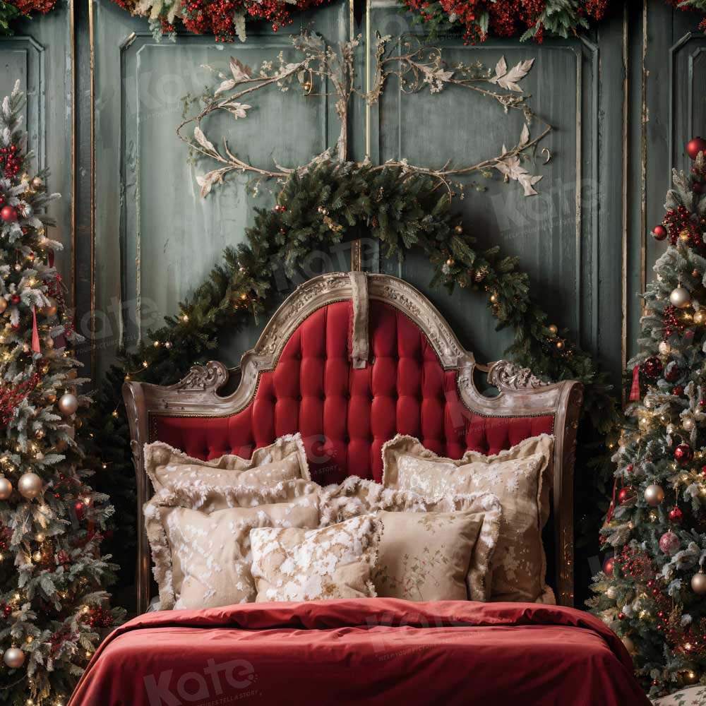 Kate Christmas Red Headboard Green Wall Tree Backdrop Designed by Emetselch - Kate Backdrop AU