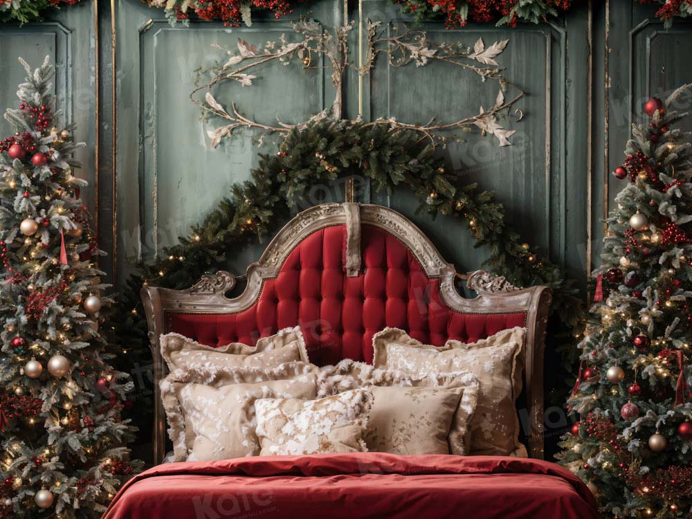 Kate Christmas Red Headboard Green Wall Tree Backdrop Designed by Emetselch - Kate Backdrop AU