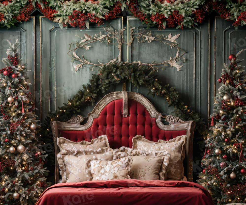 Kate Christmas Red Headboard Green Wall Tree Backdrop Designed by Emetselch - Kate Backdrop AU