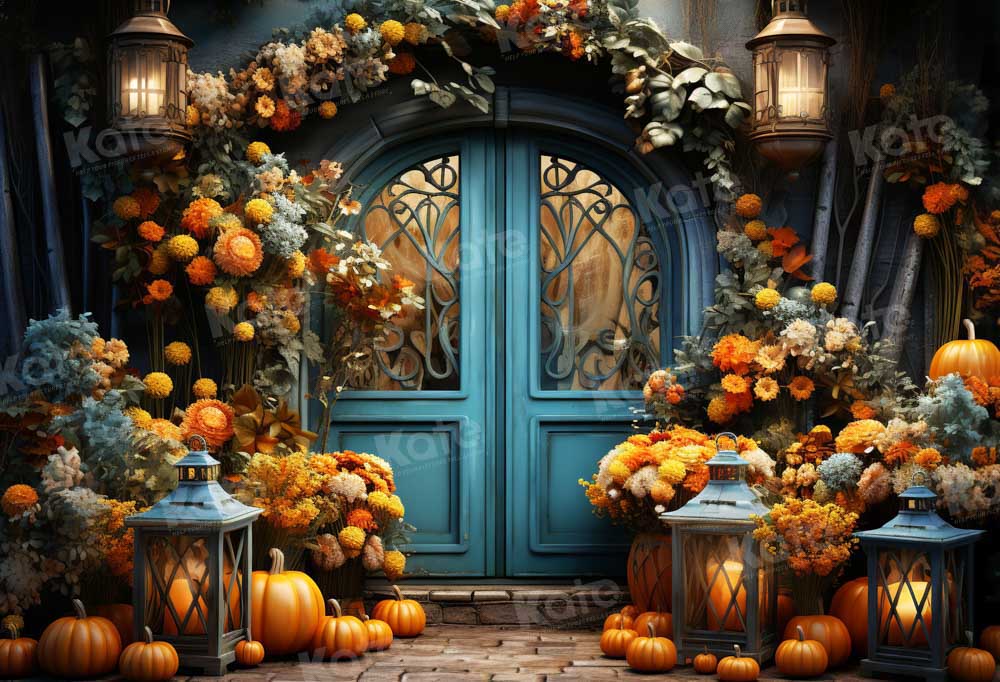 Kate Autumn Flower Store Blue Door Backdrop Designed by Emetselch - Kate Backdrop AU