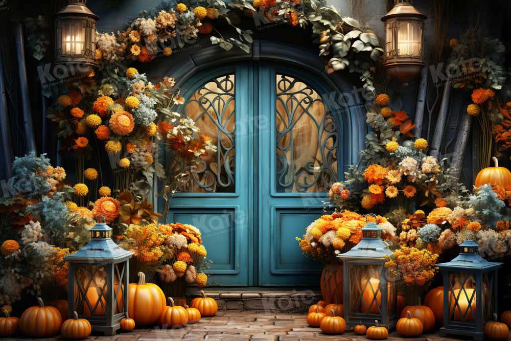 Kate Autumn Flower Store Blue Door Backdrop Designed by Emetselch - Kate Backdrop AU