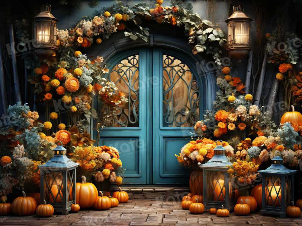Kate Autumn Flower Store Blue Door Backdrop Designed by Emetselch - Kate Backdrop AU