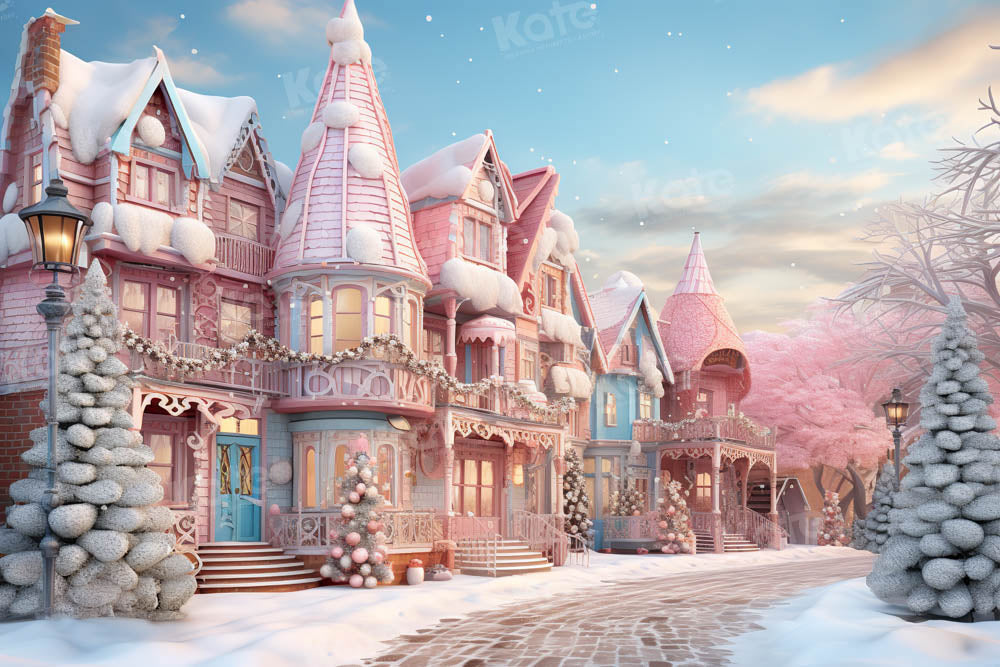 Kate Snowy Pink Winter Town Backdrop Designed by Emetselch