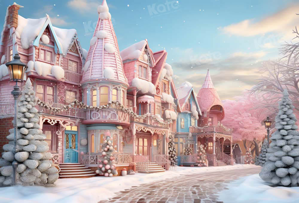 Kate Snowy Pink Winter Town Backdrop Designed by Emetselch