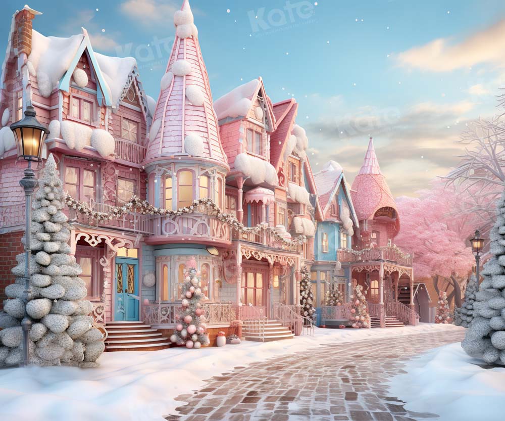 Kate Snowy Pink Winter Town Backdrop Designed by Emetselch