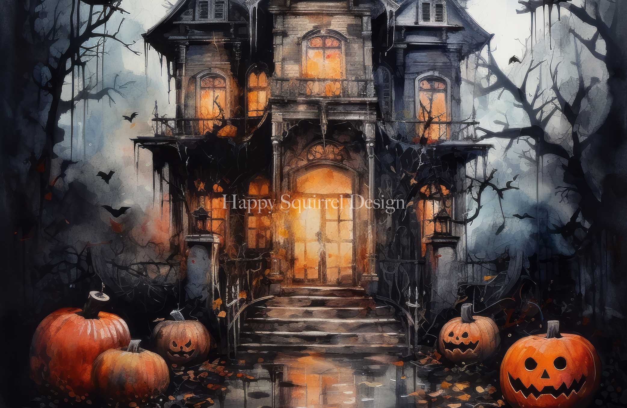 Kate Spooky Watercolor Mansion Backdrop Designed by Happy Squirrel Design