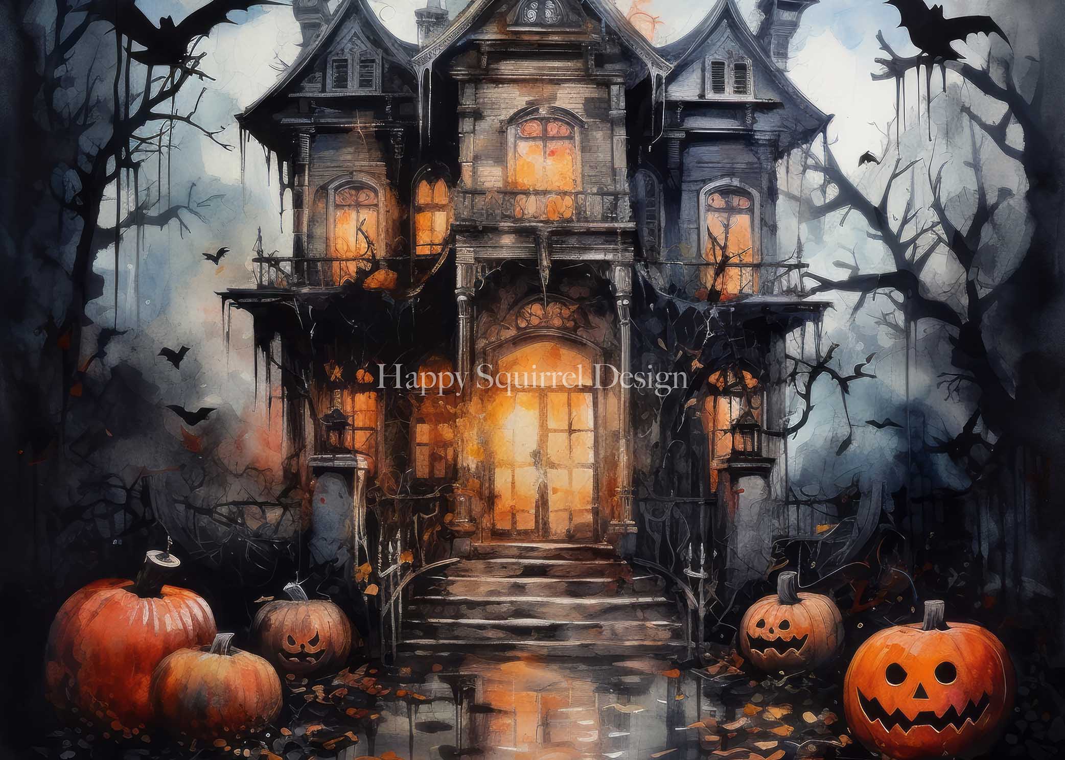Kate Spooky Watercolor Mansion Backdrop Designed by Happy Squirrel Design