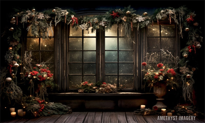 Kate Christmas Holly Window Black Wall Backdrop Designed by Angela Miller