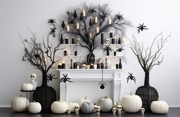 Kate Black & White Halloween Fireplace Backdrop Designed by Lidia Redekopp