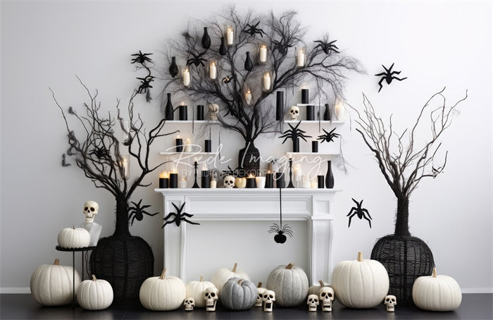 Kate Black & White Halloween Fireplace Backdrop Designed by Lidia Redekopp - Kate Backdrop AU