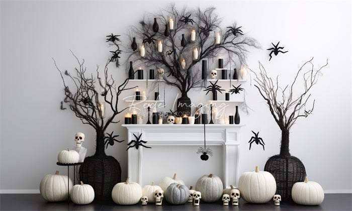 Kate Black & White Halloween Fireplace Backdrop Designed by Lidia Redekopp