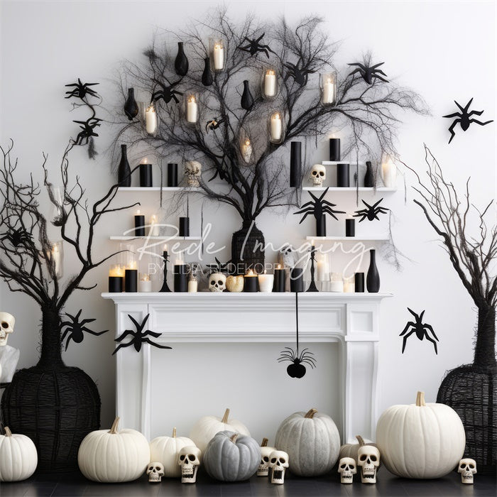 Kate Black & White Halloween Fireplace Backdrop Designed by Lidia Redekopp - Kate Backdrop AU