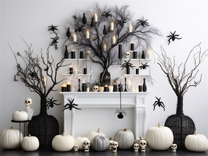 Kate Black & White Halloween Fireplace Backdrop Designed by Lidia Redekopp - Kate Backdrop AU
