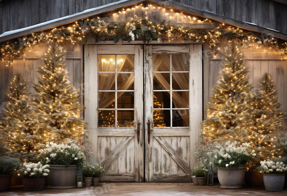 Kate Christmas Barn with Lights and Christmas Tree Fleece Backdrop Designed by Emetselch