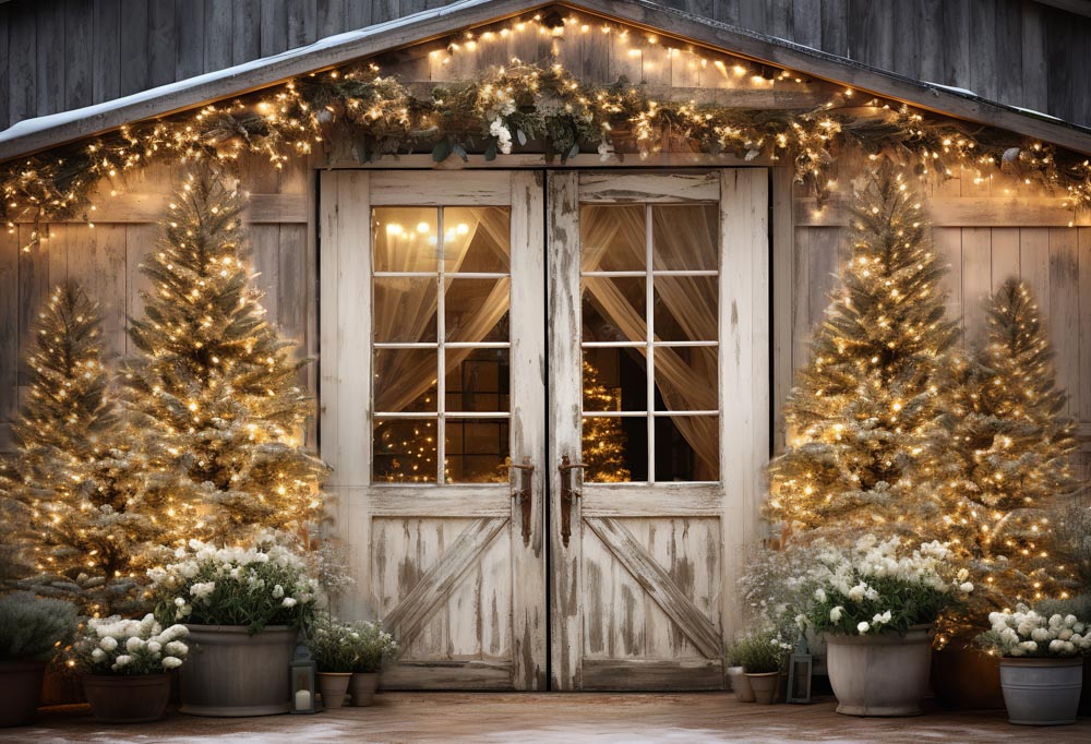 Kate Christmas Barn with Lights and Christmas Tree Backdrop Designed by Emetselch - Kate Backdrop AU