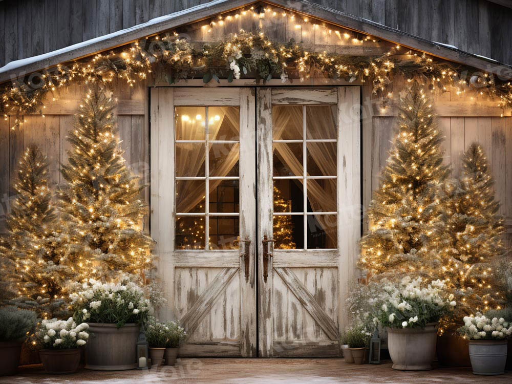 Kate Christmas Barn with Lights and Christmas Tree Fleece Backdrop Designed by Emetselch - Kate Backdrop AU