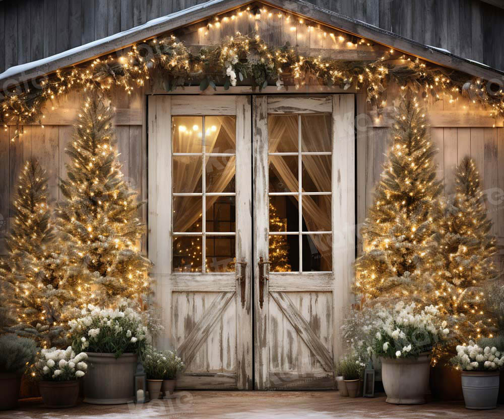 Kate Christmas Barn with Lights and Christmas Tree Fleece Backdrop Designed by Emetselch - Kate Backdrop AU