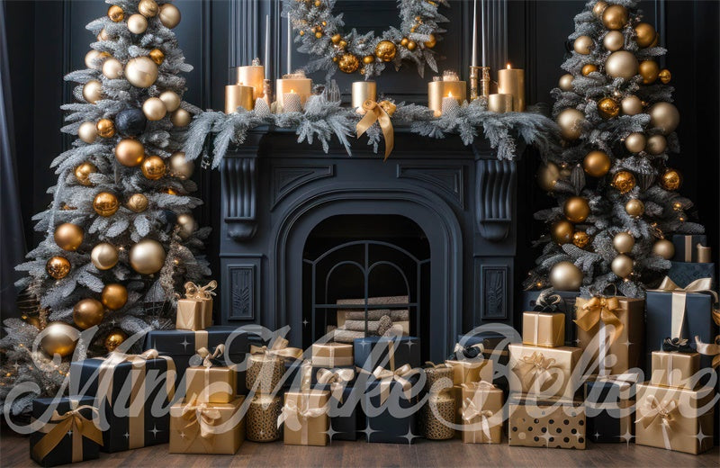 Kate Christmas Tree Winter Backdrop Navy Fireplace Gold Ornaments Gifts Designed by Mini MakeBelieve - Kate Backdrop AU