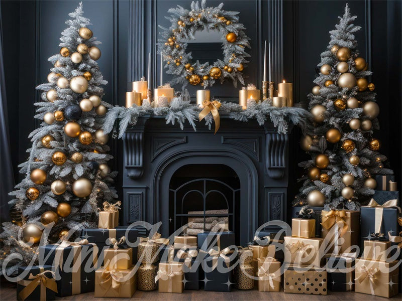 Kate Christmas Tree Winter Backdrop Navy Fireplace Gold Ornaments Gifts Designed by Mini MakeBelieve