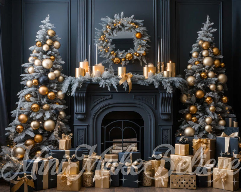 Kate Christmas Tree Winter Backdrop Navy Fireplace Gold Ornaments Gifts Designed by Mini MakeBelieve - Kate Backdrop AU