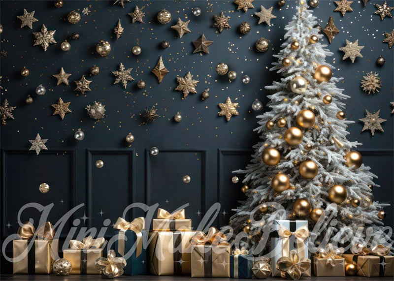 Kate Christmas Tree Winter Backdrop Navy Wall Gold Ornaments Designed by Mini MakeBelieve