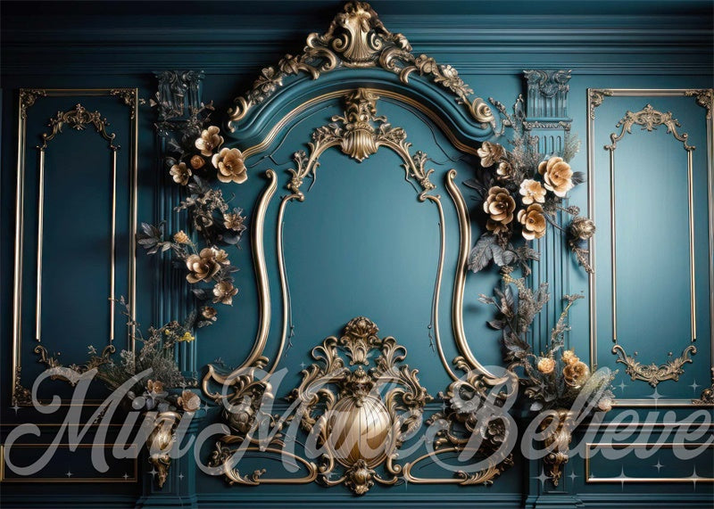 Kate Luxury Ornate Rococo Gold Backdrop Teal Turquoise Wall Designed by Mini MakeBelieve