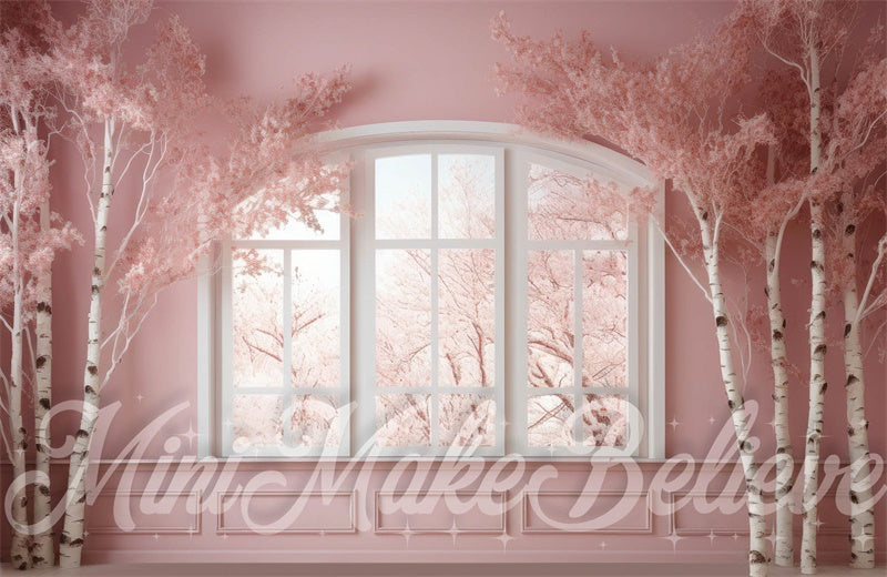 Kate Winter Christmas Pink Room Backdrop Window Birch Trees Designed by Mini MakeBelieve - Kate Backdrop AU