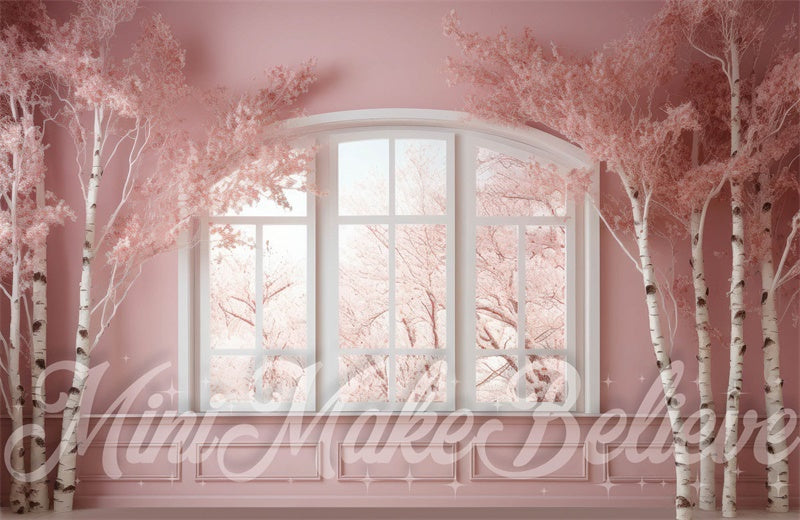 Kate Winter Christmas Pink Room Backdrop Window Birch Trees Designed by Mini MakeBelieve