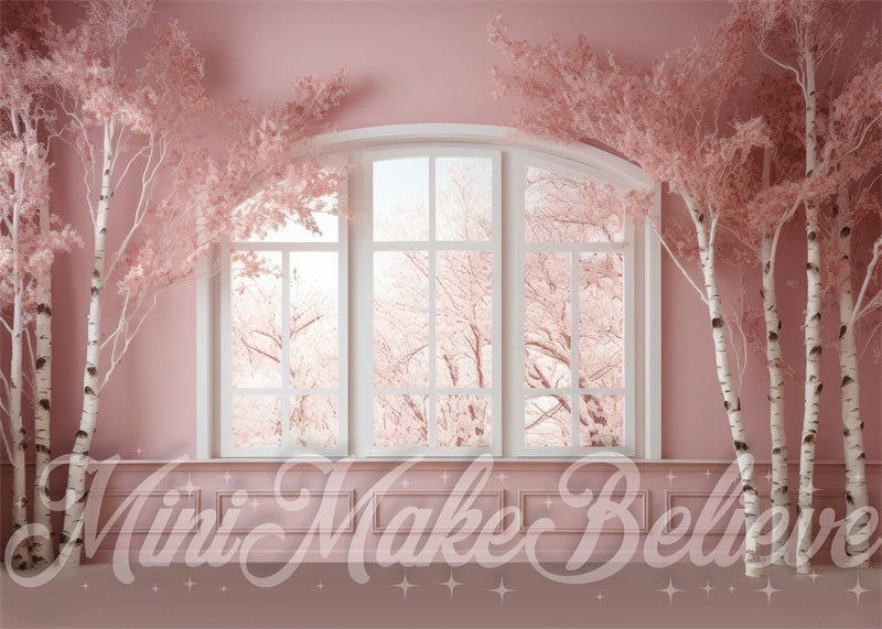 Kate Winter Christmas Pink Room Backdrop Window Birch Trees Designed by Mini MakeBelieve